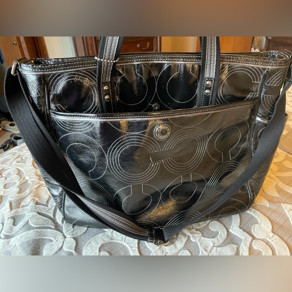 100% COACH patent leather stitched diaper bag with changing pad